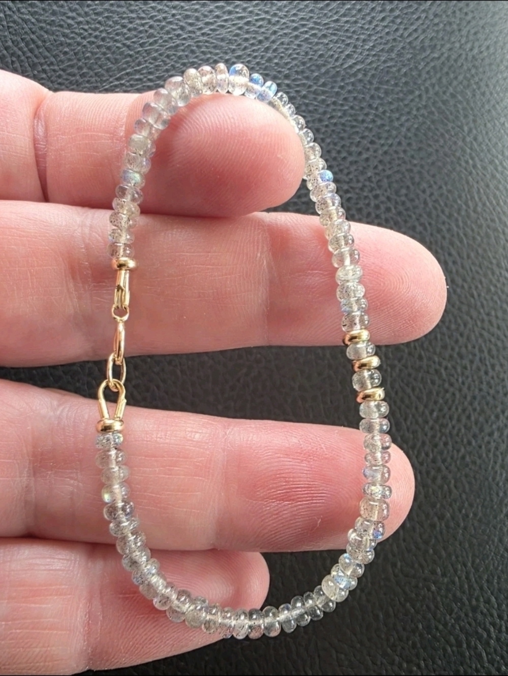 Smooth Blue Labradorite Rondelle Gem Bead Bracelet 14K Yellow Solid Gold 6.25"